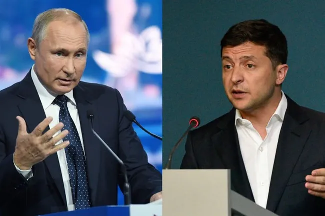 Tổng thống Nga Vladimir Putin (trái) và Tổng thống Ukraine Volodymyr Zelensky. Ảnh: RT.