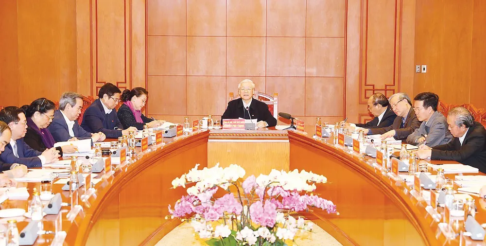 Tổng Bí thư, Chủ tịch nước Nguyễn Phú Trọng, Trưởng Tiểu ban Văn kiện Đại hội XIII của Đảng phát biểu kết luận cuộc họp. Ảnh: TTXVN