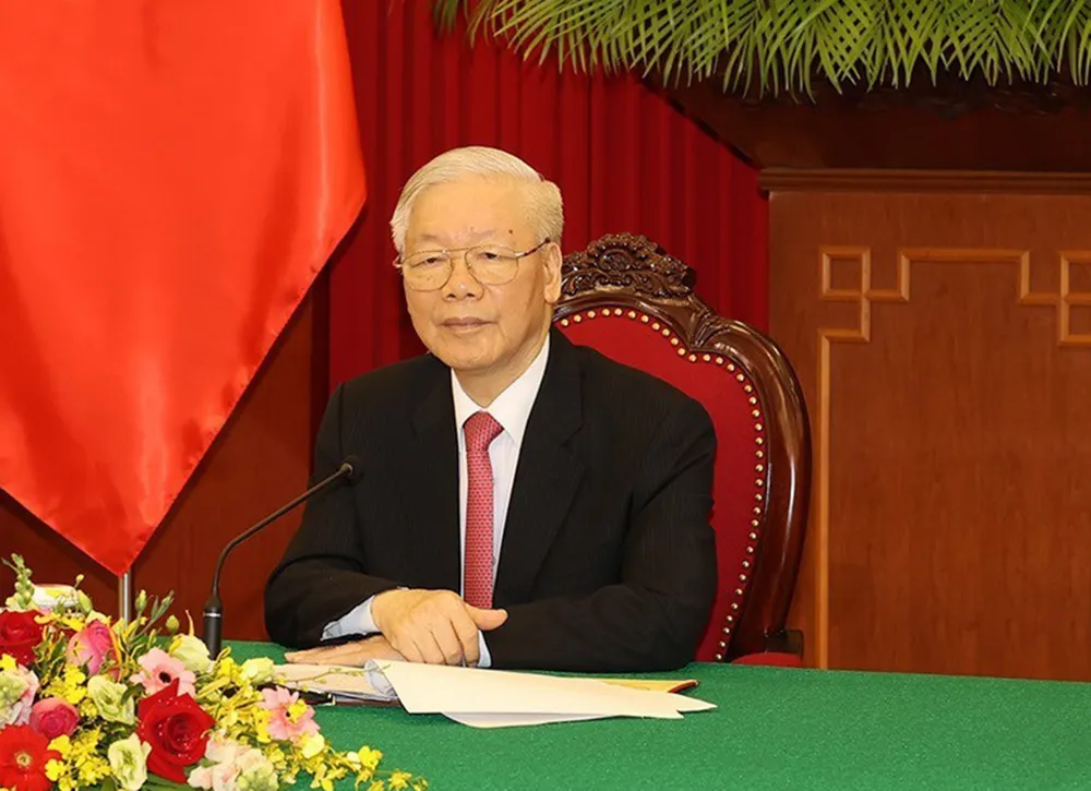 Tổng Bí thư Nguyễn Phú Trọng điện đàm với Tổng Bí thư, Chủ tịch nước Trung Quốc Tập Cận Bình vào sáng 24-9, tại Trụ sở Trung ương Đảng. Ảnh:  TTXVN