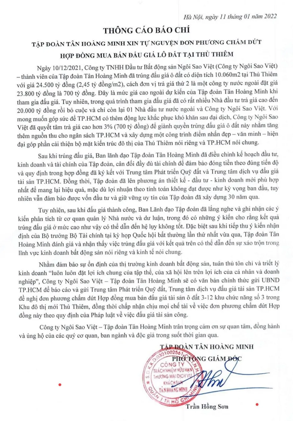 Tân Hoàng Minh từ chối mua tài sản trúng đấu giá lô đất vàng Thủ Thiêm ảnh 1