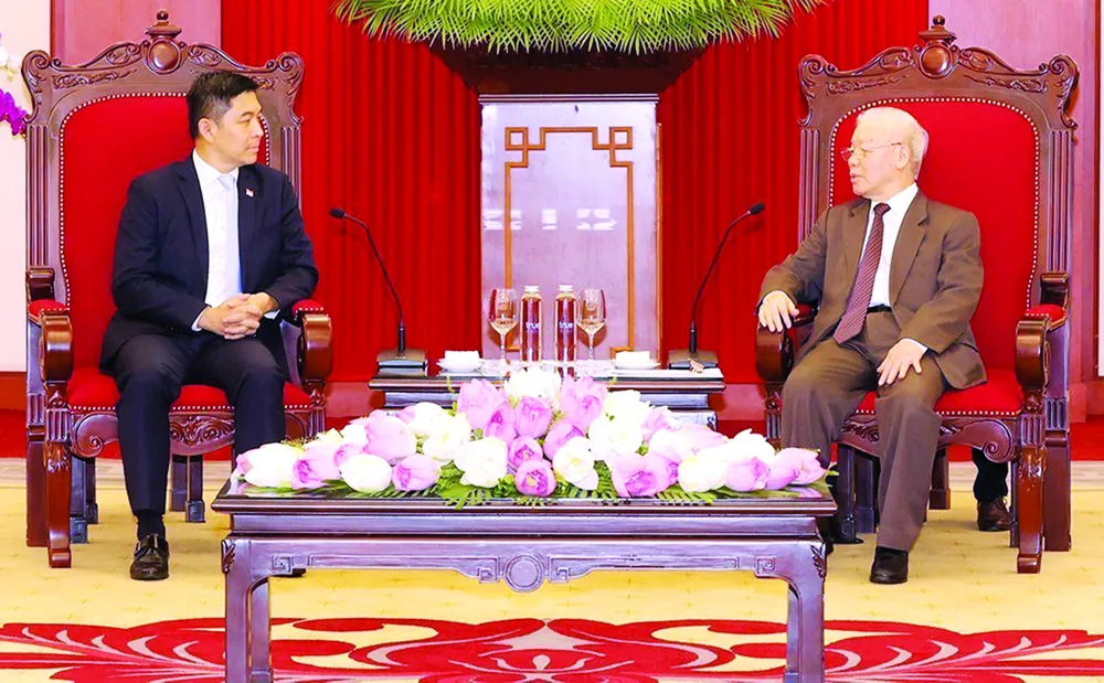 Tổng Bí thư Nguyễn Phú Trọng tiếp Chủ tịch Quốc hội Singapore Tan Chuan-Jin. Ảnh: TTXVN