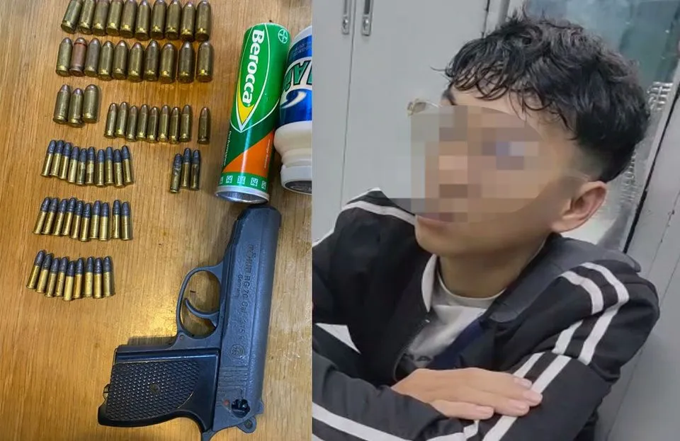 Phú cùng số súng đạn bị công an thu giữ