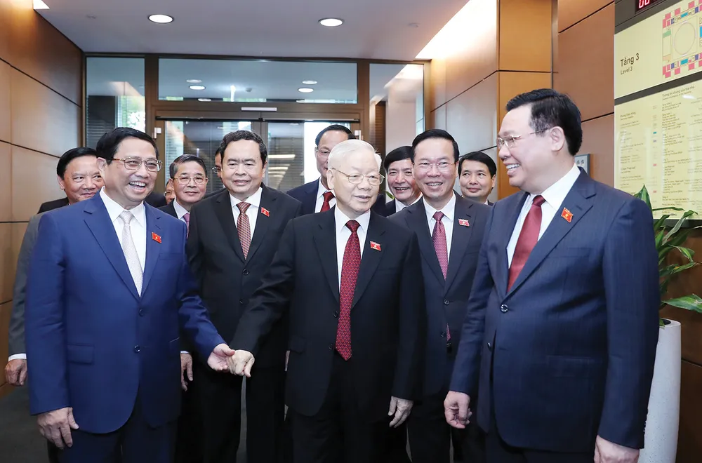 Tổng Bí thư Nguyễn Phú Trọng cùng các đồng chí lãnh đạo Đảng, Nhà nước tham dự phiên khai mạc kỳ họp. Ảnh: TTXVN