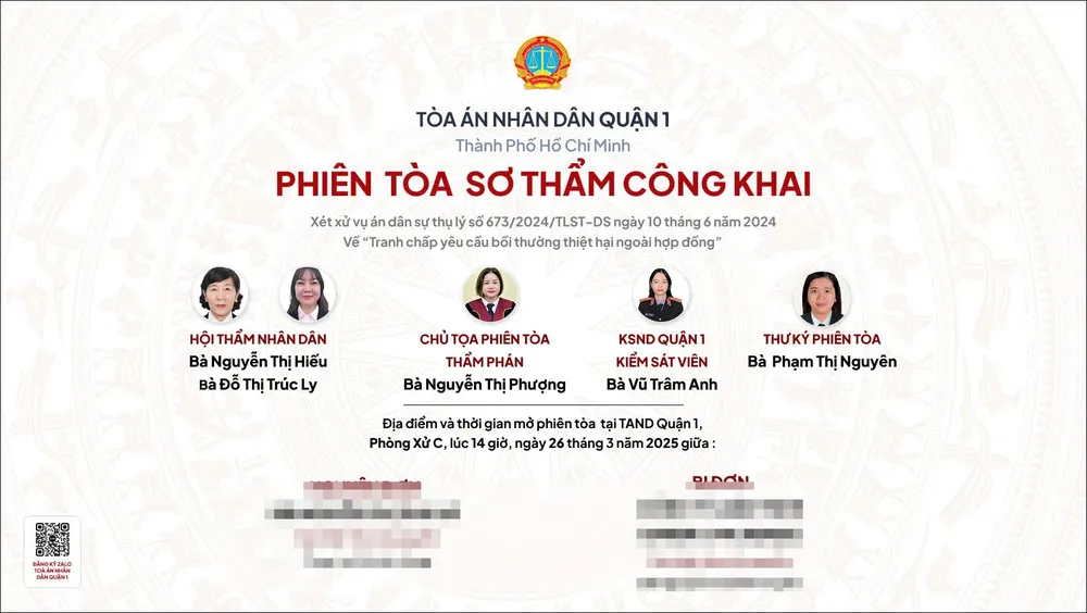 TAND quận 1 xét xử sơ thẩm vụ án tranh chấp bồi thường thiệt hại ngoài hợp đồng giữa bà N.T.T.H. và Công ty luật TNHH B.