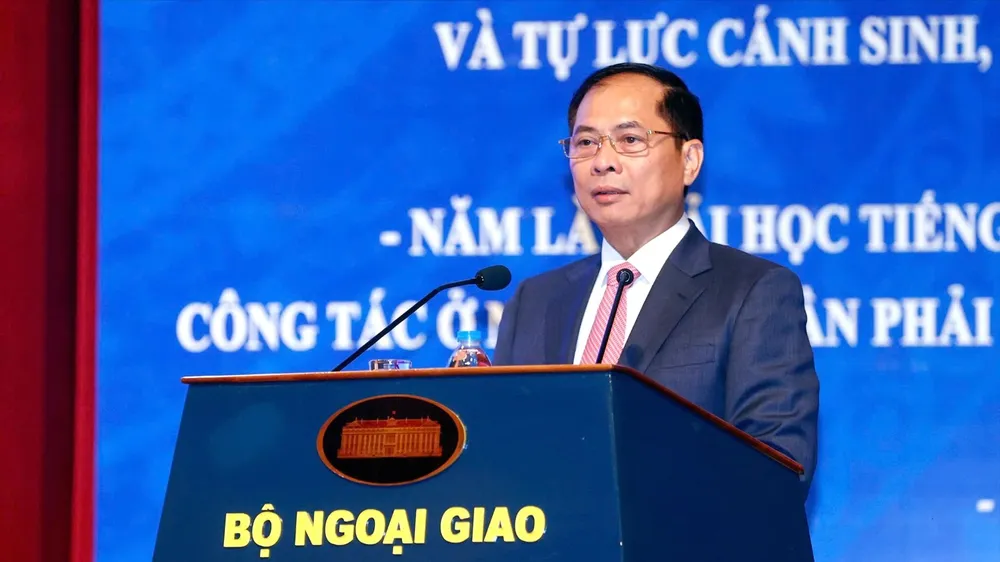 Phó Thủ tướng, Bộ trưởng Bộ Ngoại giao Bùi Thanh Sơn phát biểu tại hội thảo sáng 28-7. Ảnh: VIẾT CHUNG