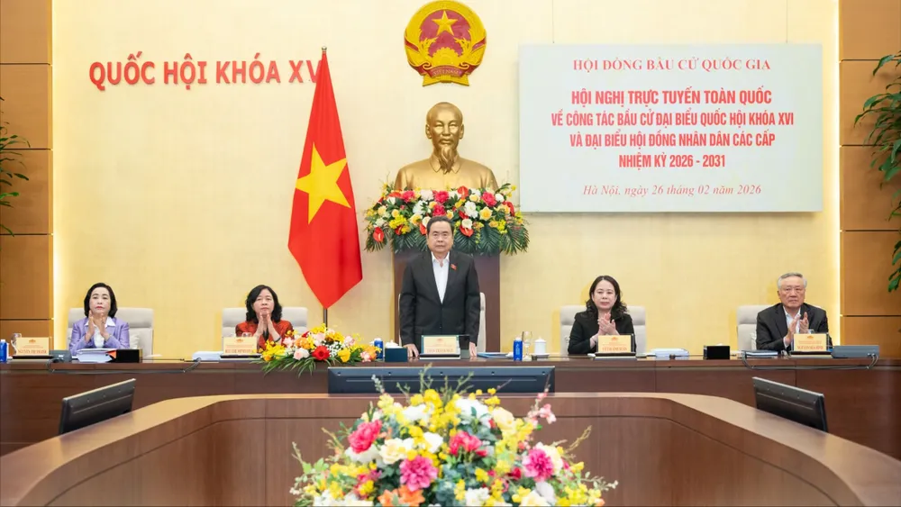 Chủ tịch Quốc hội Trần Thanh Mẫn chủ trì Hội nghị trực tuyến toàn quốc triển khai công tác bầu cử. Ảnh: QUANG PHÚC 