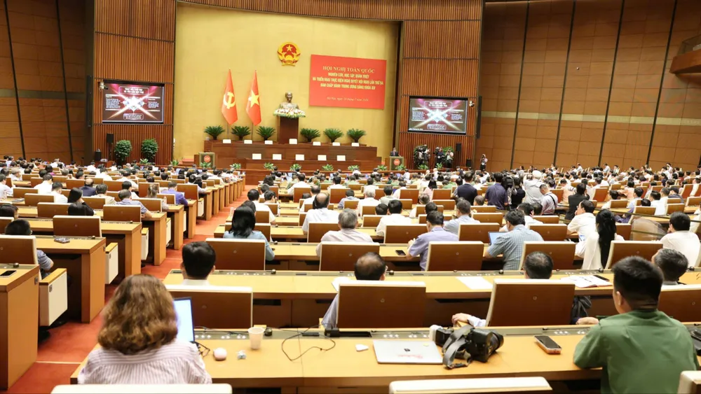 Hội nghị toàn quốc nghiên cứu, học tập, quán triệt và triển khai thực hiện Nghị quyết Hội nghị lần thứ 3 Ban Chấp hành Trung ương Đảng khóa XIV, sáng 29-7. Ảnh: QUANG PHÚC