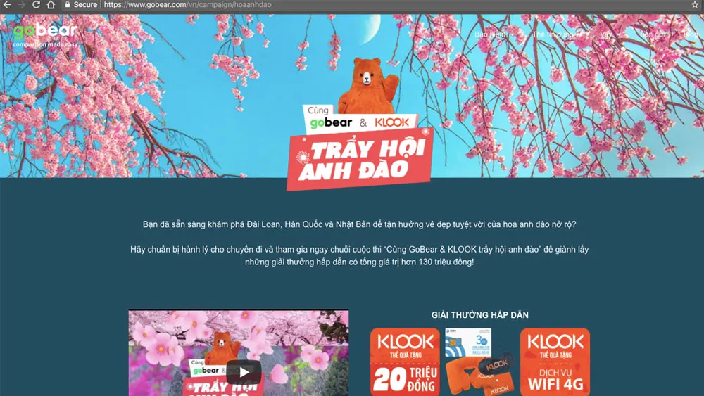 Chuỗi cuộc thi “Cùng GoBear & KLOOK trẩy hội anh đào” được tổ chức trên trang web www.gobear.com/vn/campaign/hoaanhdao trong suốt tháng 3-2018