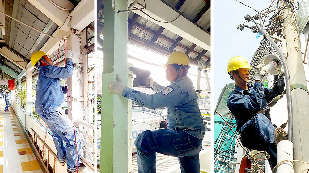Công nhân trẻ ngành điện thay thế, sửa chữa thiết bị điện tại các tuyến hẻm, nhà dân, trường học