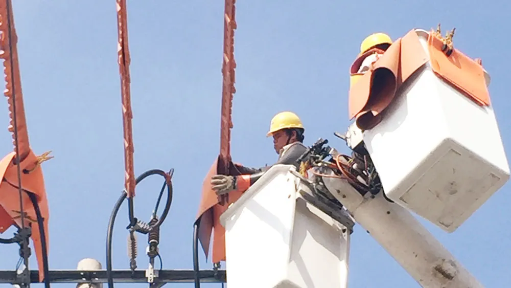 Công nhân EVNHCMC thi công trên đường dây đang mang điện (live-line)