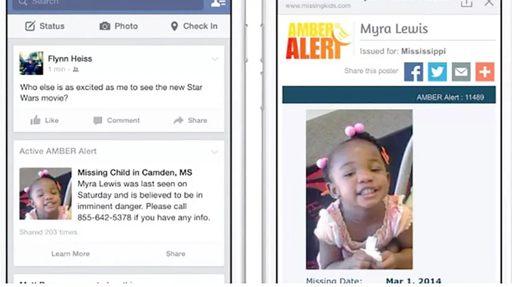 Chức năng Amber Alert thông báo về 1 trẻ mất tích