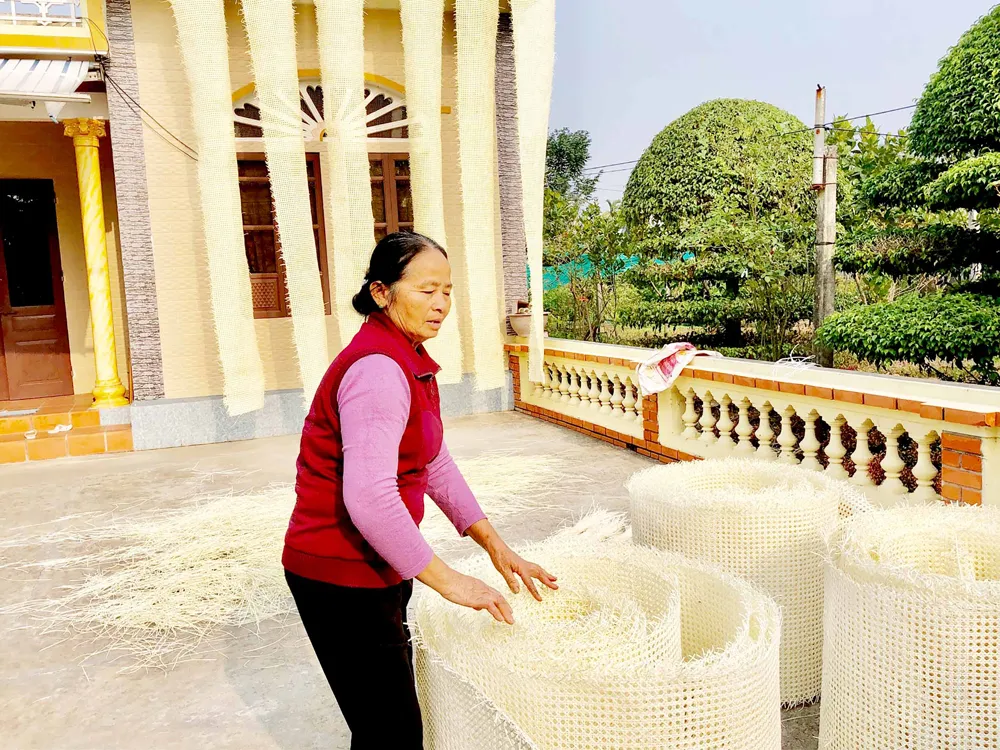 Những tấm mặt mây được đan, sửa và hong khô tại nhà anh Phạm Ngọc Tấn, xã Thượng Hiền