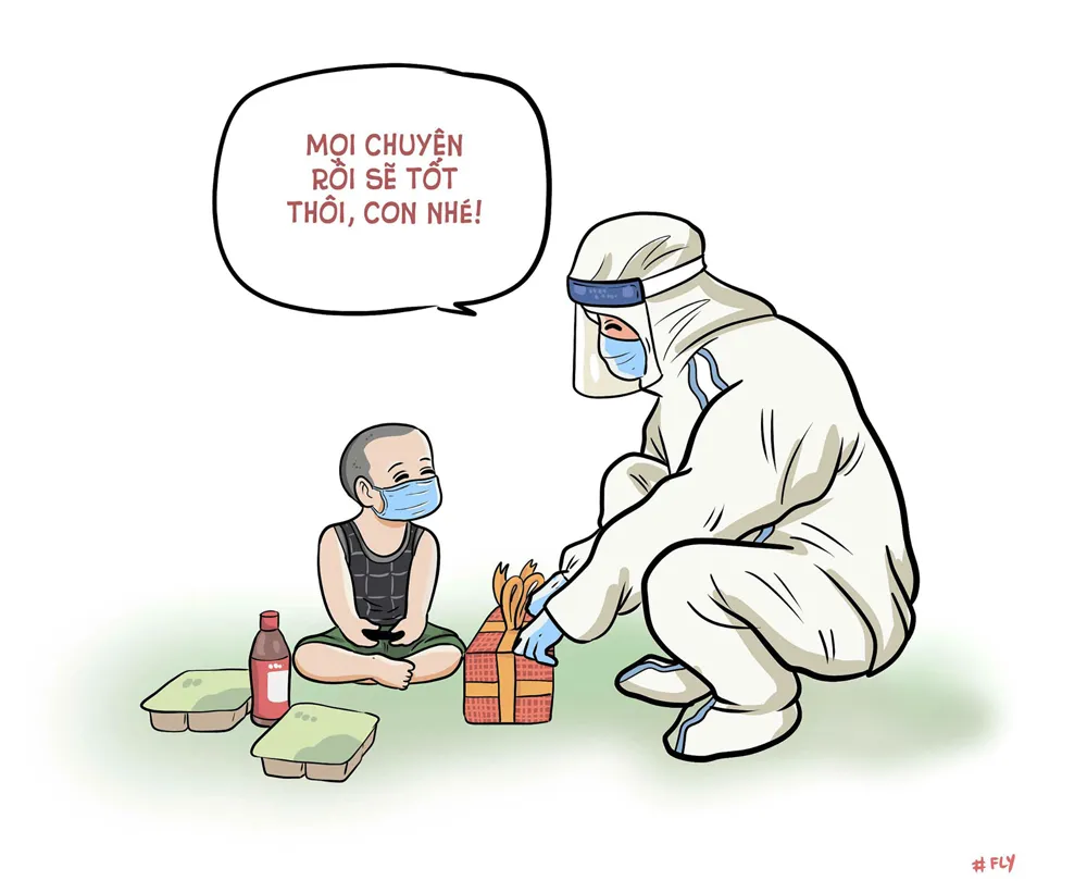 Hình vẽ em bé trong khu cách ly trên fanpage Thăng Fly Comics