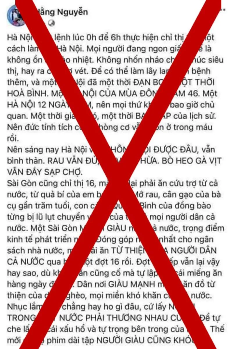 Bài viết trên tài khoản Facebook "Hằng Nguyễn" có nội dung ảnh hưởng đến trật tự xã hội, gây hoang mang trong nhân dân. Ảnh: TTXVN