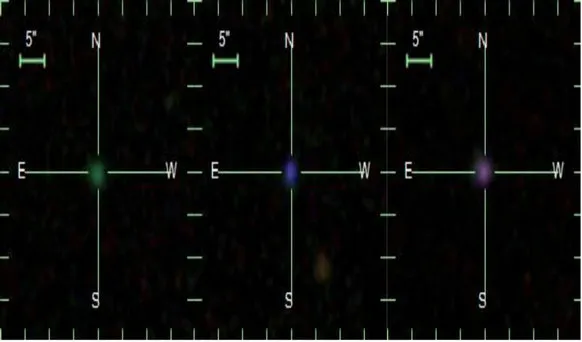 Thiên hà Green Pea, Blueberry và Purple Grape (từ trái sang phải)