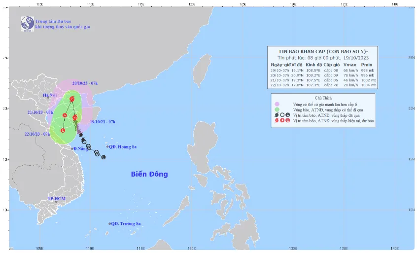 Hướng di chuyển bão số 5. Nguồn: TTDBKTTVQG