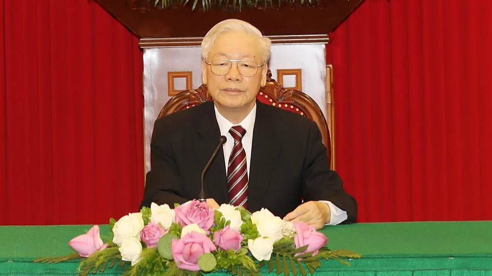 Tổng Bí thư Nguyễn Phú Trọng điện đàm  với Tổng thống Hàn Quốc Moon Jae-in. Ảnh: TTXVN