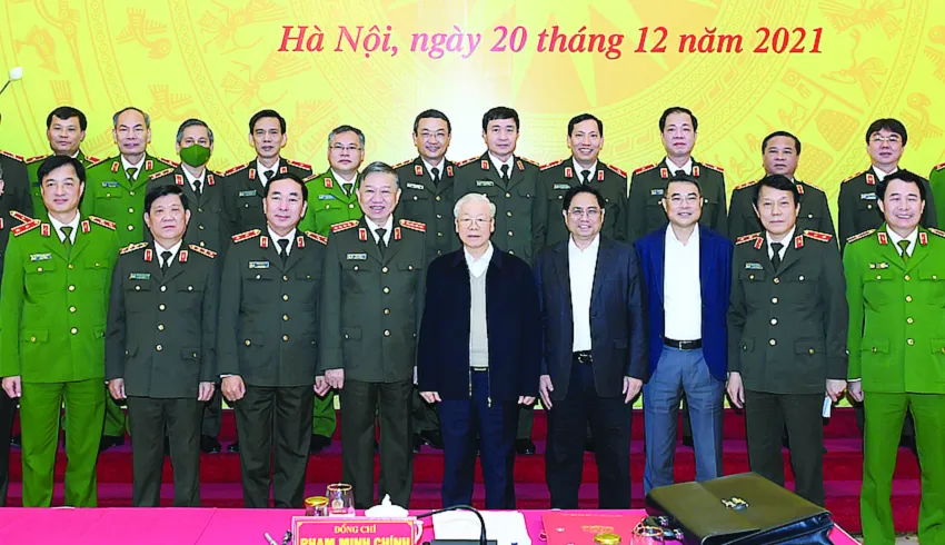 Tổng Bí thư Nguyễn Phú Trọng, Thủ tướng Phạm Minh Chính, Bộ trưởng Bộ Công an Tô Lâm  và các đại biểu dự Hội nghị Đảng ủy Công an Trung ương. Ảnh: GIA KHÁNH