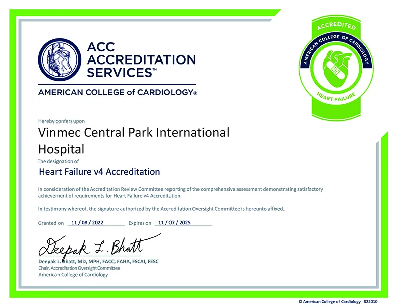 Bệnh viện ĐKQT Vinmec Times City và Vinmec Central Park là 2 bệnh viện đầu tiên tại châu Á nhận chứng chỉ ACC về chất lượng quản lý và điều trị suy tim Bệnh viện ĐKQT Vinmec Times City và Vinmec Central Park là 2 bệnh viện đầu tiên tại châu Á nhận chứng chỉ ACC về chất lượng quản lý và điều trị suy tim