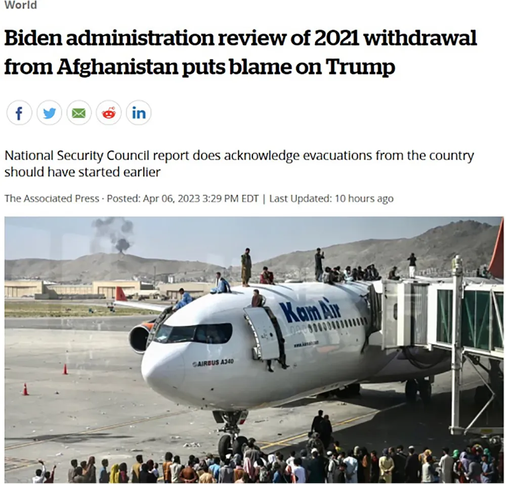 Tít bài và ảnh của hãng AP về báo cáo tóm tắt giải mật việc Mỹ rút quân khỏi Afghanistan