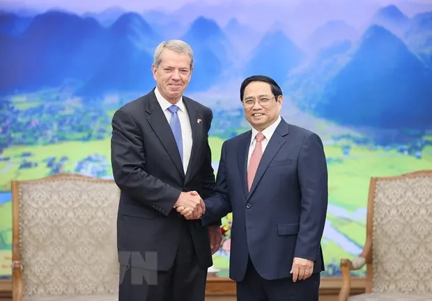 Thủ tướng Phạm Minh Chính tiếp Thống đốc bang Nebraska Jim Pillen. Ảnh: TTXVN