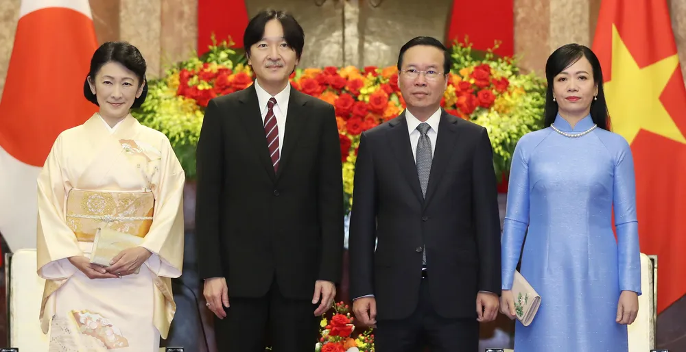 Chủ tịch nước Võ Văn Thưởng và Phu nhân tiếp Hoàng Thái tử Akishino và Công nương. Ảnh: QUANG PHÚC