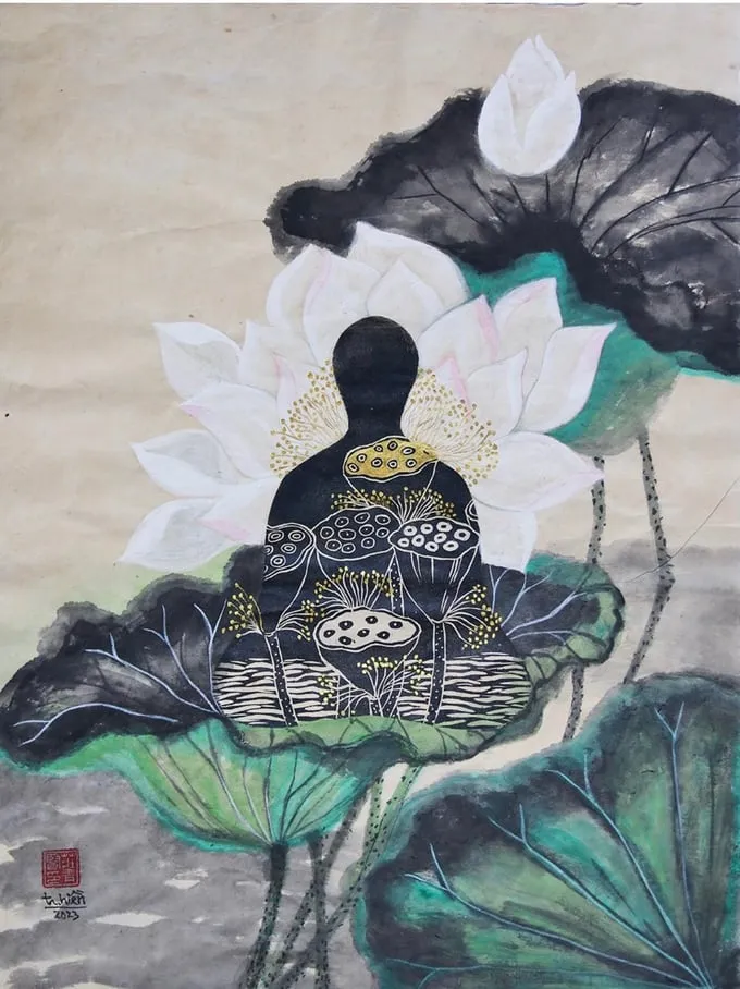 Tác phẩm "Mơ hoa" (khắc gỗ màu nước trên giấy dó)