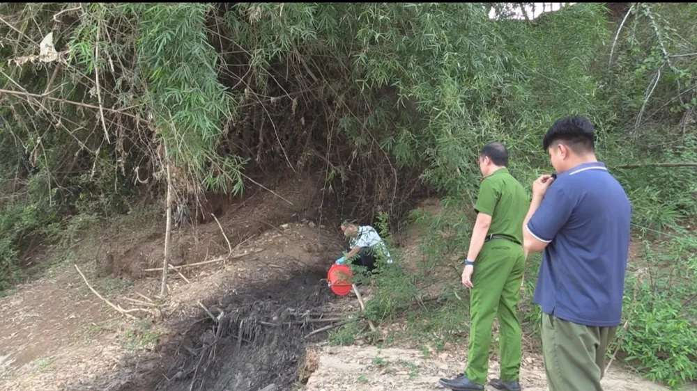 Cơ quan chức năng lấy mẫu nước kiểm tra. Ảnh: Báo Bình Dương