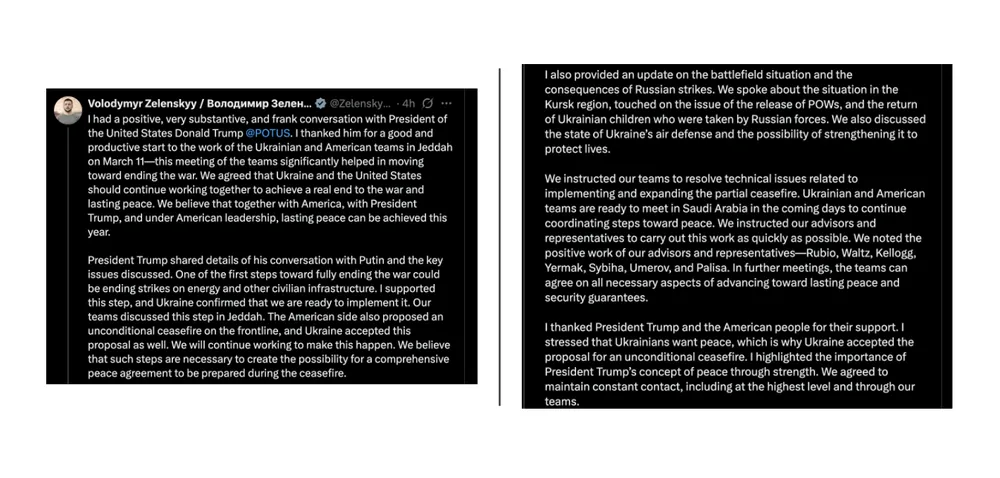 Thông báo của Tổng thống Ukraine Volodymyr Zelensky về cuộc điện đàm với Tổng thống Mỹ Donald Trump. Ảnh chụp màn hình tài khoản mạng xã hội X của Tổng thống Ukraine Volodymyr Zelensky