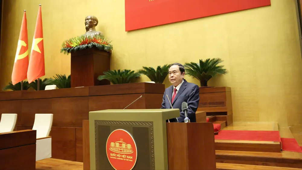 Chủ tịch Quốc hội Trần Thanh Mẫn trình bày chuyên đề tại hội nghị, sáng 16-4. Ảnh: QUANG PHÚC