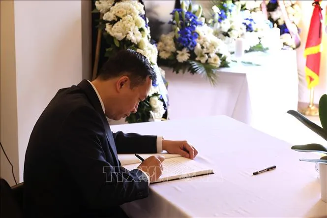 Đại sứ Dương Hải Hưng ghi sổ tang tưởng nhớ nguyên Chủ tịch nước Trần Đức Lương. Ảnh: TTXVN