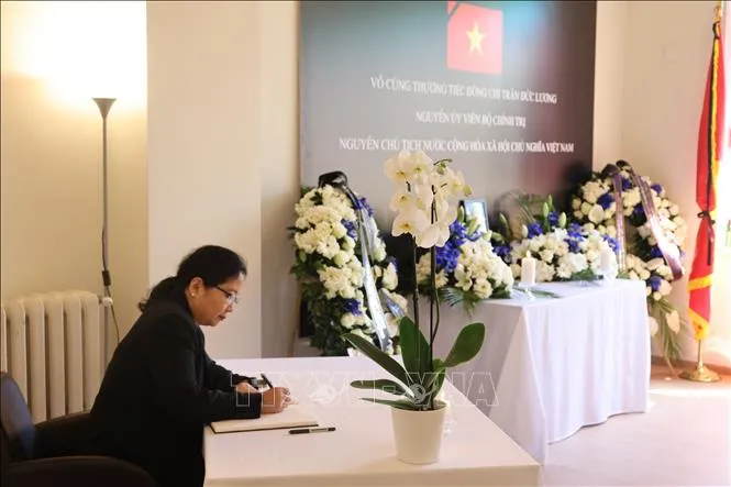 Bà Hmway Howay Khyne, Đại sứ Myanmar tại Italy, ghi sổ tang tưởng nhớ nguyên Chủ tịch nước Trần Đức Lương. Ảnh: TTXVN