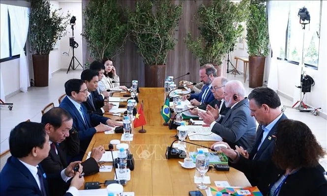 Thủ tướng Phạm Minh Chính hội kiến Tổng thống Cộng hòa Liên bang Brazil Lula da Silva. Ảnh: TTXVN