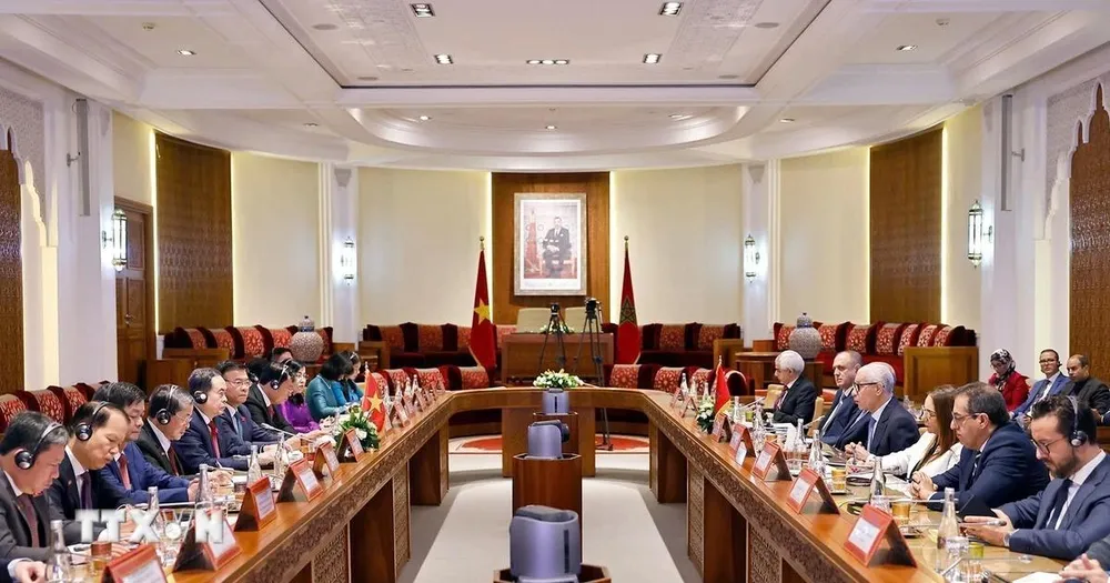 Chủ tịch Quốc hội Trần Thanh Mẫn hội đàm với Chủ tịch Hạ viện Marocco Rachid Talbi Alami. Ảnh: TTXVN