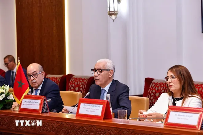 Chủ tịch Hạ viện Marocco Rachid Talbi Alami phát biểu tại cuộc hội đàm với Chủ tịch Quốc hội Trần Thanh Mẫn. Ảnh: TTXVN