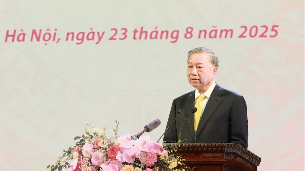 Tổng Bí thư Tô Lâm phát biểu tại kỷ niệm 80 năm Ngày truyền thống Ngành Văn hóa. Ảnh: VIẾT CHUNG