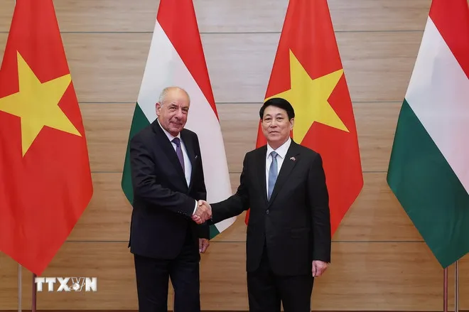 Chủ tịch nước Lương Cường và Tổng thống Hungary Sulyok Tamas tại Hà Nội, tháng 5-2025. Ảnh: TTXVN