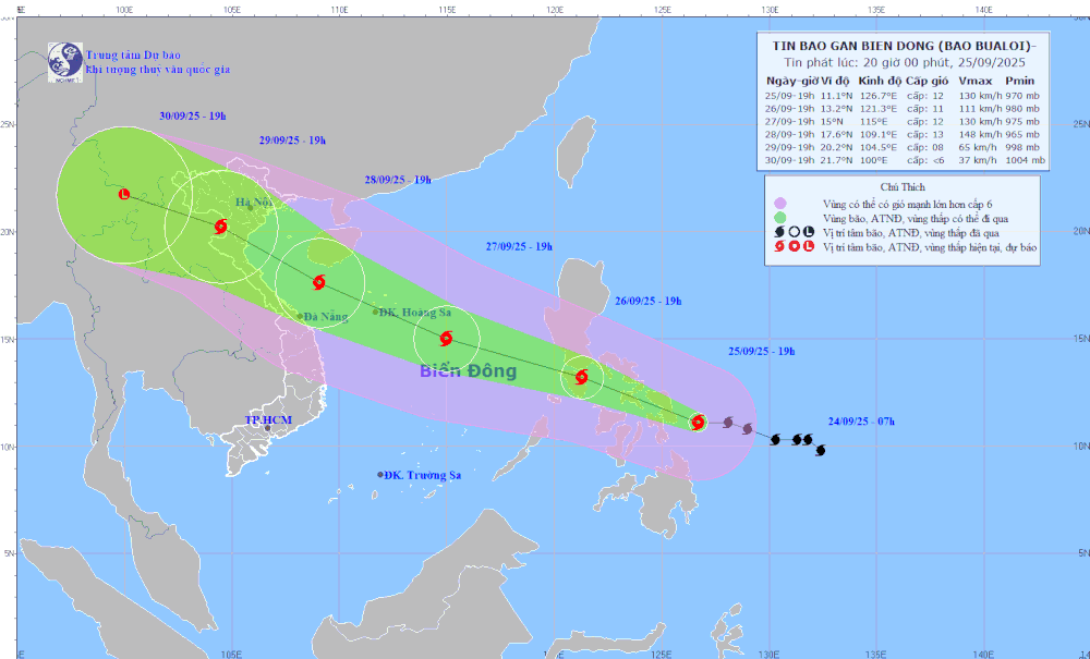 Dự báo bão Bualoi sẽ đi vào vùng biển phía Đông khu vực giữa Biển Đông. Ảnh: KTTV