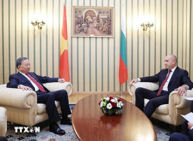 Tổng Bí thư Tô Lâm và Tổng thống Cộng hòa Bulgaria Rumen Radev hội đàm hẹp. Ảnh: TTXVN