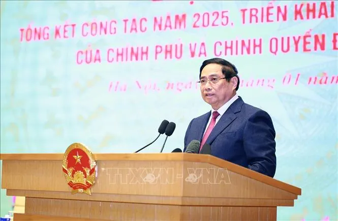 Thủ tướng Phạm Minh Chính phát biểu khai mạc Hội nghị tổng kết công tác năm 2025, triển khai công tác năm 2026 của Chính phủ và chính quyền địa phương. Ảnh: TTXVN