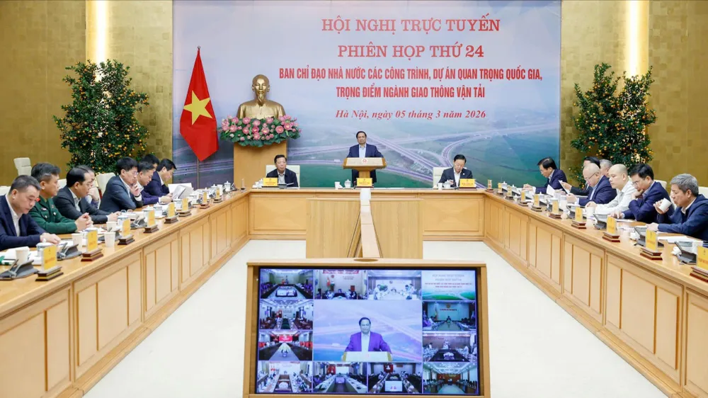 Thủ tướng Phạm Minh Chính chủ trì và phát biểu tại phiên họp thứ 24 của Ban chỉ đạo Nhà nước các công trình, dự án quan trọng quốc gia, trọng điểm ngành giao thông vận tải, sáng 5-3. Ảnh: VIẾT CHUNG