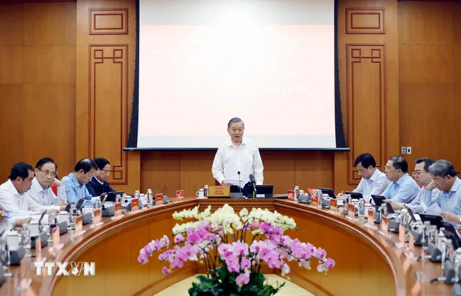 Tổng Bí thư Tô Lâm, Trưởng Ban Chỉ đạo Trung ương về phát triển khoa học, công nghệ, đổi mới sáng tạo và chuyển đổi số phát biểu. Ảnh: TTXVN