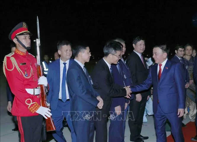 Cán bộ, nhân viên Đại sứ quán Việt Nam tại Campuchia đón Thường trực Ban Bí thư Trần Cẩm Tú cùng Đoàn đại biểu cấp cao Việt Nam tại sân bay quốc tế Techo. Ảnh: TTXVN