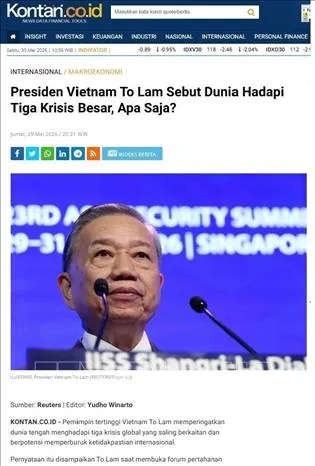 Bài báo của Kontan ngày 29-5 nhận định về bài phát biểu của Tổng Bí thư, Chủ tịch nước Tô Lâm trong phiên khai mạc Đối thoại Shangri-La lần thứ 23 ở Singapore. Ảnh: TTXVN