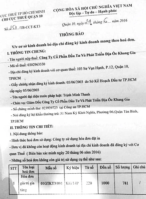 Khang Gia bán nhà xuất hóa đơn “lụi” ảnh 2