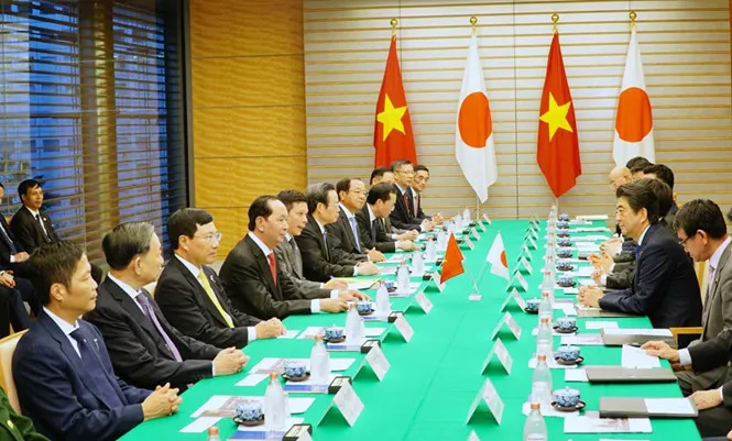 Chủ tịch nước Trần Đại Quang và Thủ tướng Shinzo Abe tại cuộc hội đàm /// Ảnh: Lê Hiệp