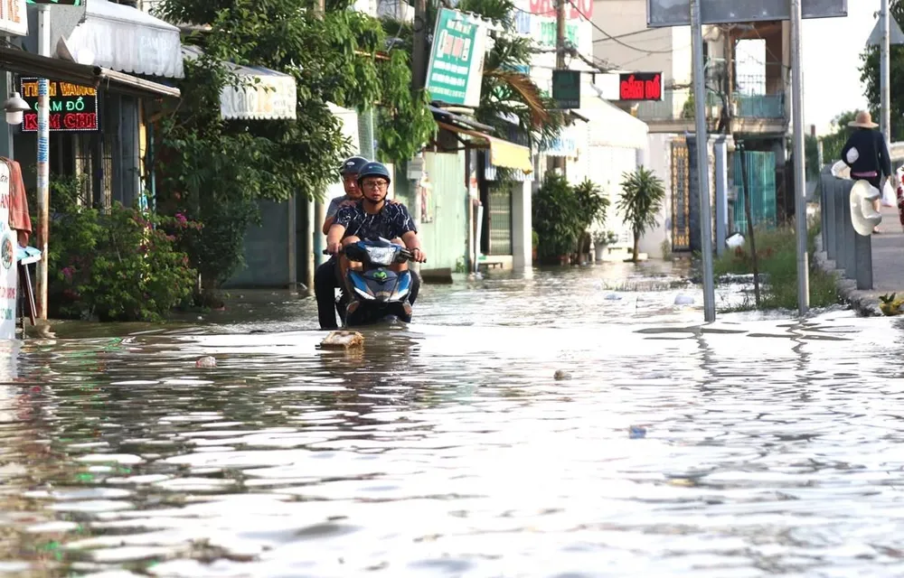Triều cường gây ngập sâu tại khu vực cầu Phú Xuân, tiếp giáp huyện Nhà Bè và quận 7, TP.HCM. (Ảnh: Trần Xuân Tình/TTXVN)