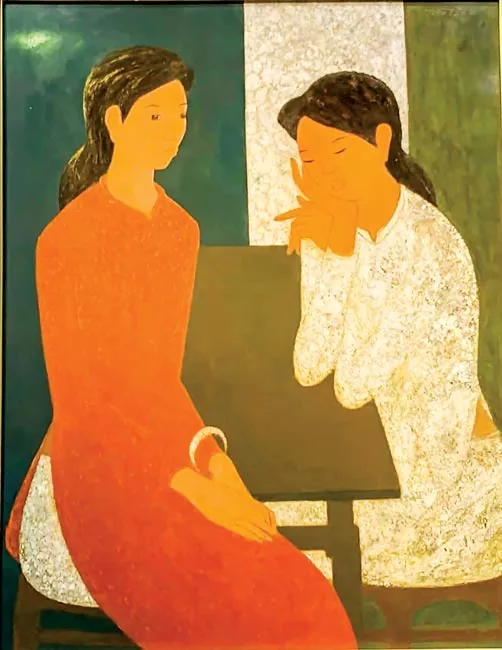 Tranh sơn mài “Chuyện trò” của họa sĩ Trần Lãng tại phòng trưng bày.