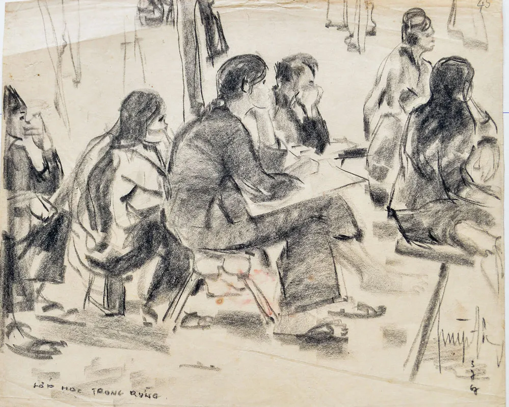 Ký họa “Lớp học trong rừng” của Huỳnh Phương Đông.