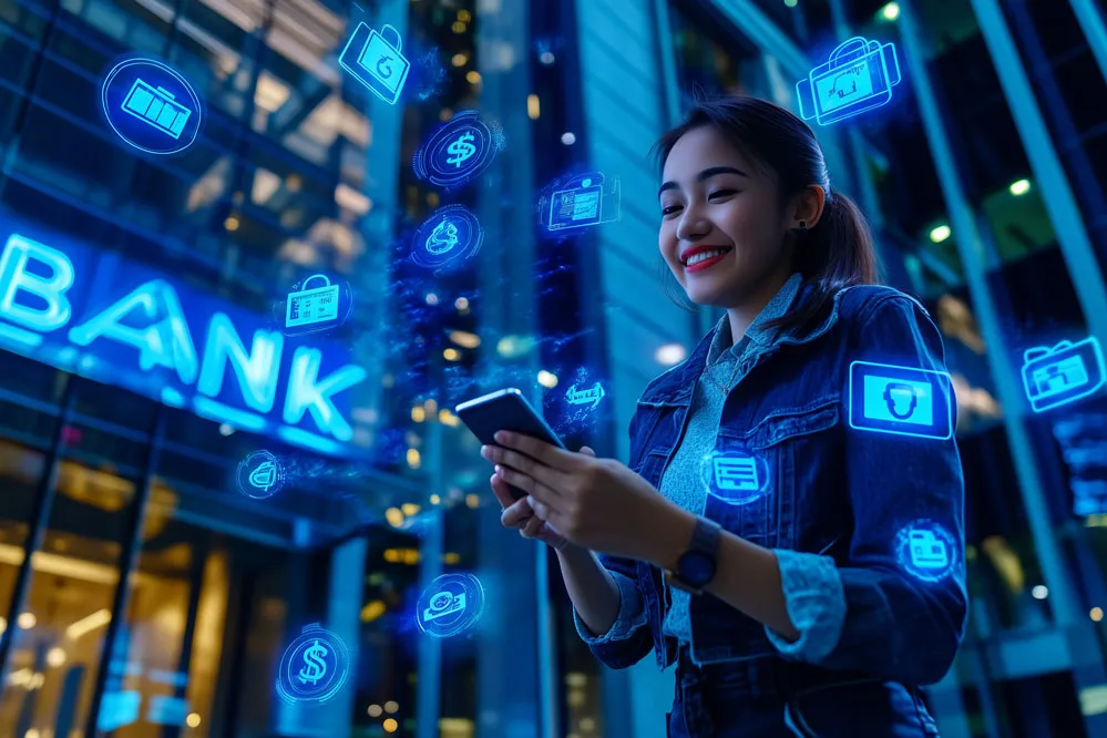 woman-smiling-using-smartphone-with-glowing-icons-outside-bank.jpg